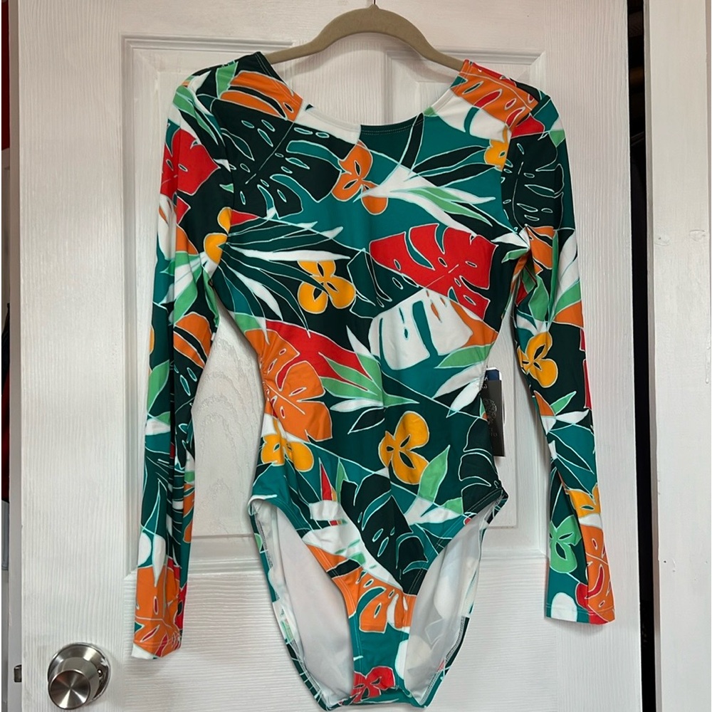Vince Camuto Tropical Floral Long Sleeve Cutout One Piece Swimsuit Size 10 New